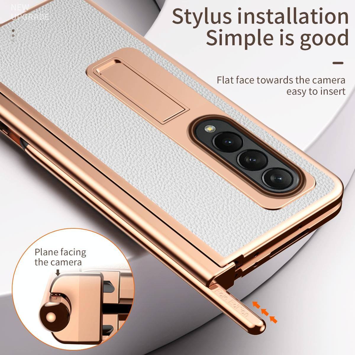 For Samsung Galaxy Z Fold4 5G Premium Litchi Leather Hinged Phone Case - With Pen - Gold