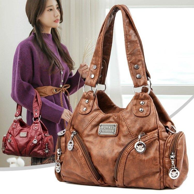 Grey Soft Leather Motorcycle Bag For Women