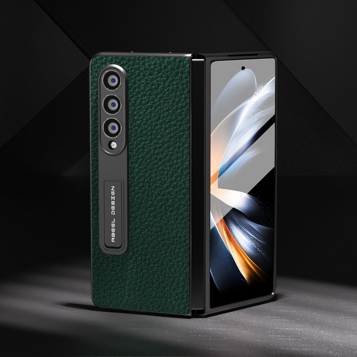 For Samsung Galaxy Z Fold4 5G Leather Phone Case With Holder - Litchi Texture - Green