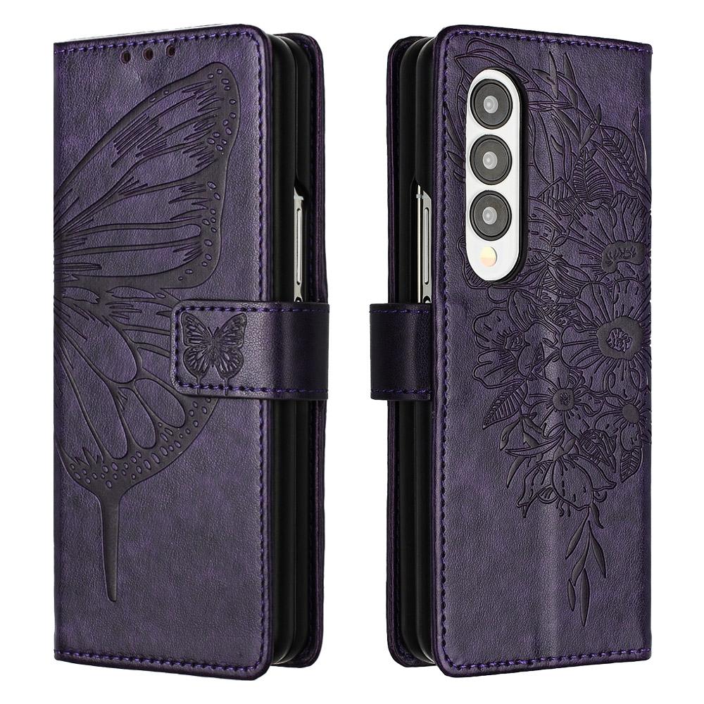 For Samsung Galaxy z Fold4 5G Butterfly Embossed Leather Phone Case - Dark Purple