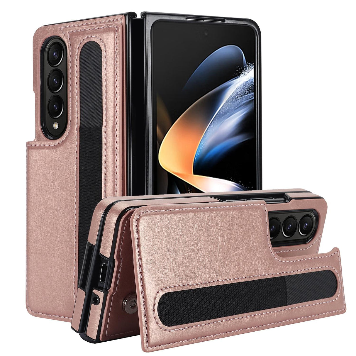 For Samsung Galaxy Z Fold4 5G Double Buckle Phone Case With Pen Slots - Rose Gold