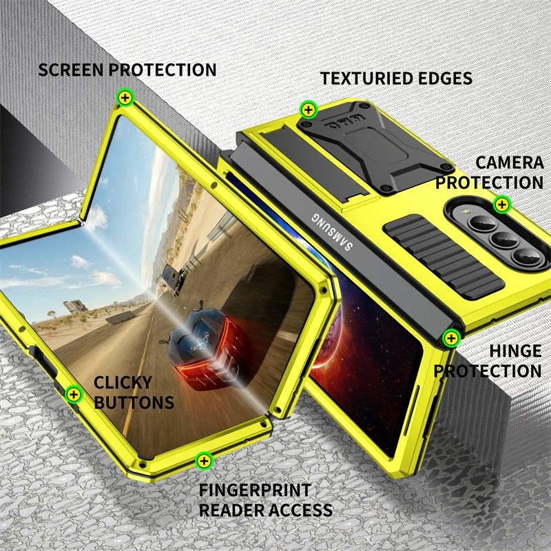 For Samsung Galaxy Z Fold4 5G Shockproof Metal Case With Holder - Yellow