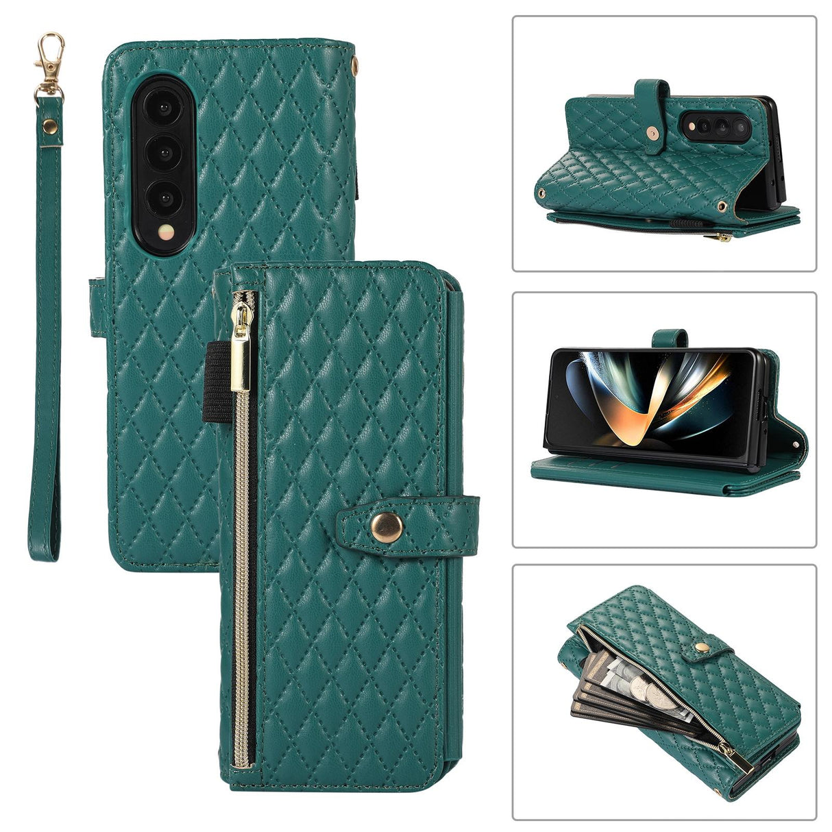 For Samsung Galaxy Z Fold4 5G Foldable Diamond Lattice Phone Case - Dark Green