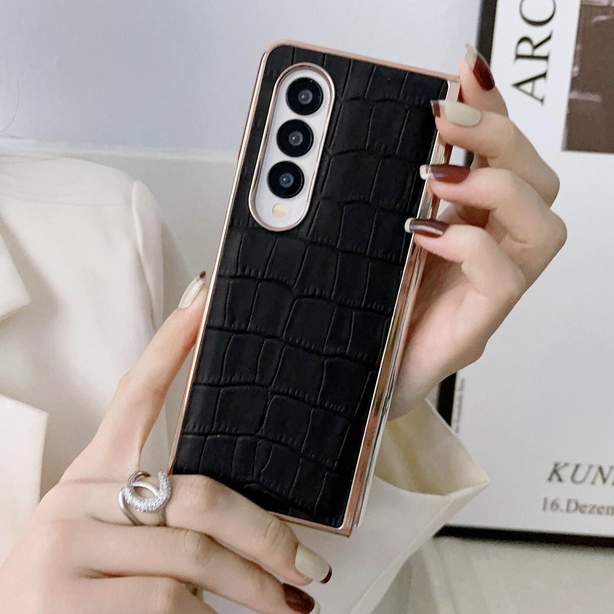 For Samsung Galaxy Z Fold4 5G Crocodile Leather Phone Case - Electroplated - Brown