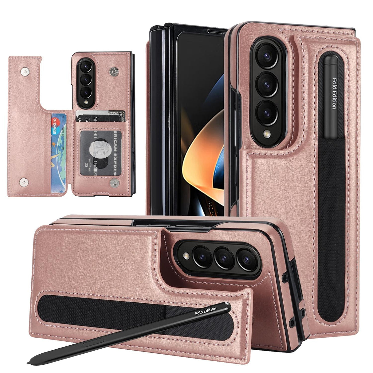 For Samsung Galaxy Z Fold4 5G Double Buckle Foldable Phone Case With Pen Slot - Rose Gold