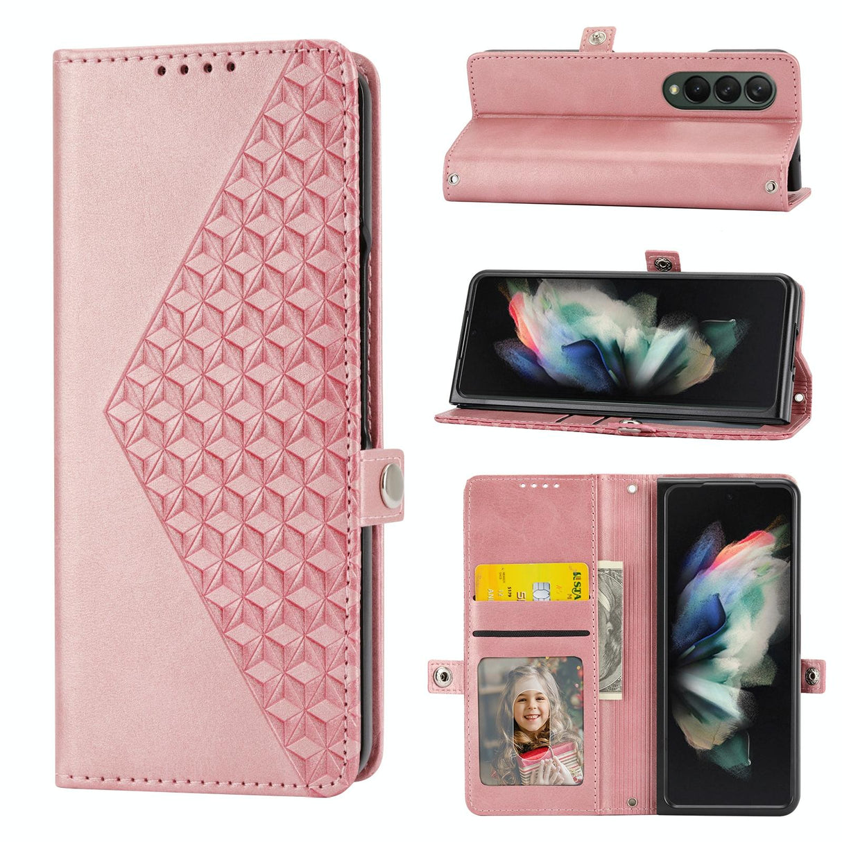 For Samsung Galaxy Z Fold4 5G Textured Leather Phone Case - Cubic Grid Design - Rose Gold