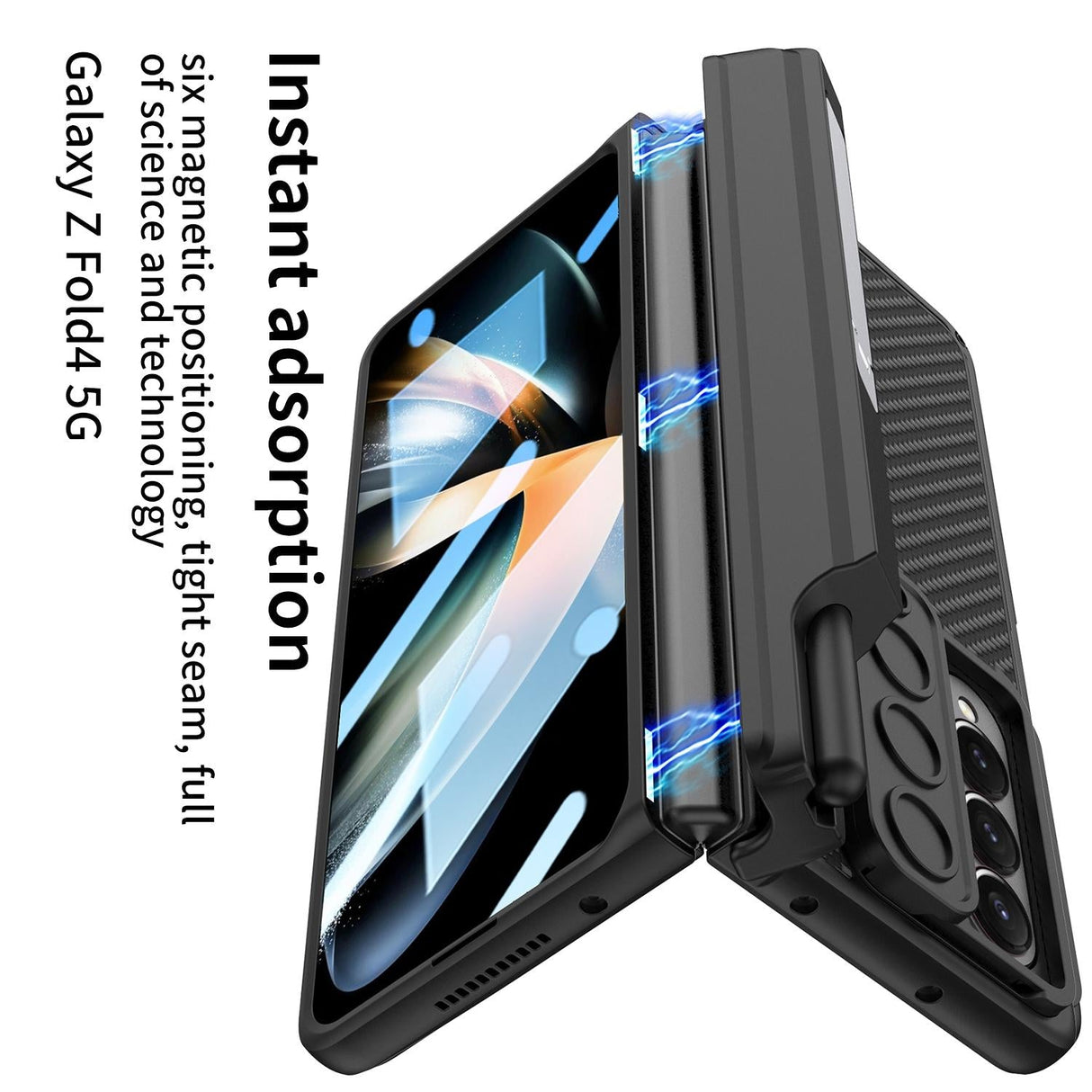 For Samsung Galaxy Z Fold4 5G Magnetic Leather Flip Case With Holder - Carbon Fiber