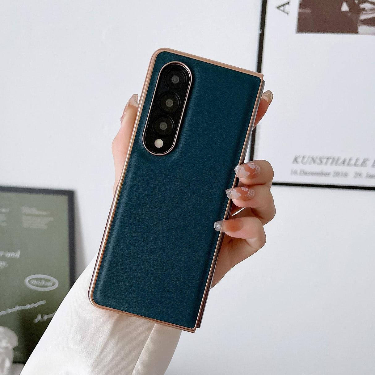 For Samsung Galaxy Z Fold4 5G Xiaoya Series Genuine Leather Plating Case - Dark Green