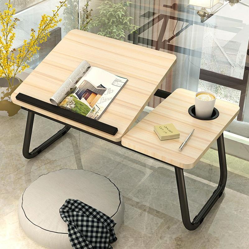 Adjustable Folding Laptop Desk with Cup Holder - Four-speed Lifting Table for Dorms - White Maple