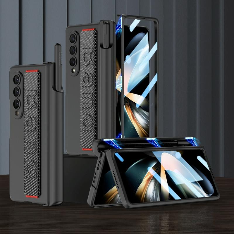 For Samsung Galaxy Z Fold4 5G Shockproof Magnetic Fold Case With Wrist Strap - Carbon Fibre