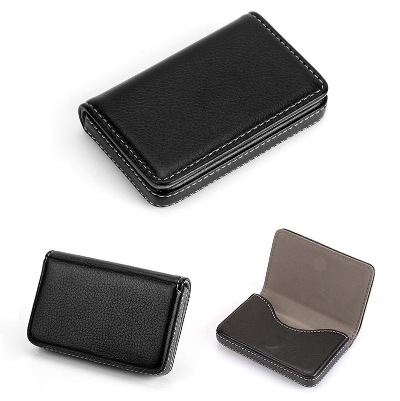 Stainless Steel Magnetic Business Card Holder Pu Leather Case - Black