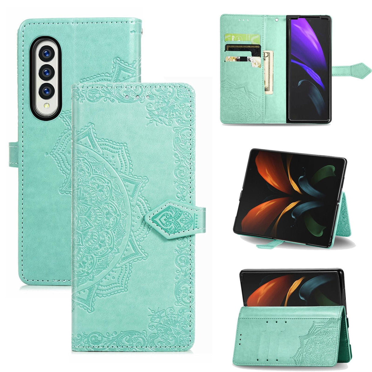 For Samsung Galaxy Z Fold4 5G Embossed Mandala Leather Phone Case - Green