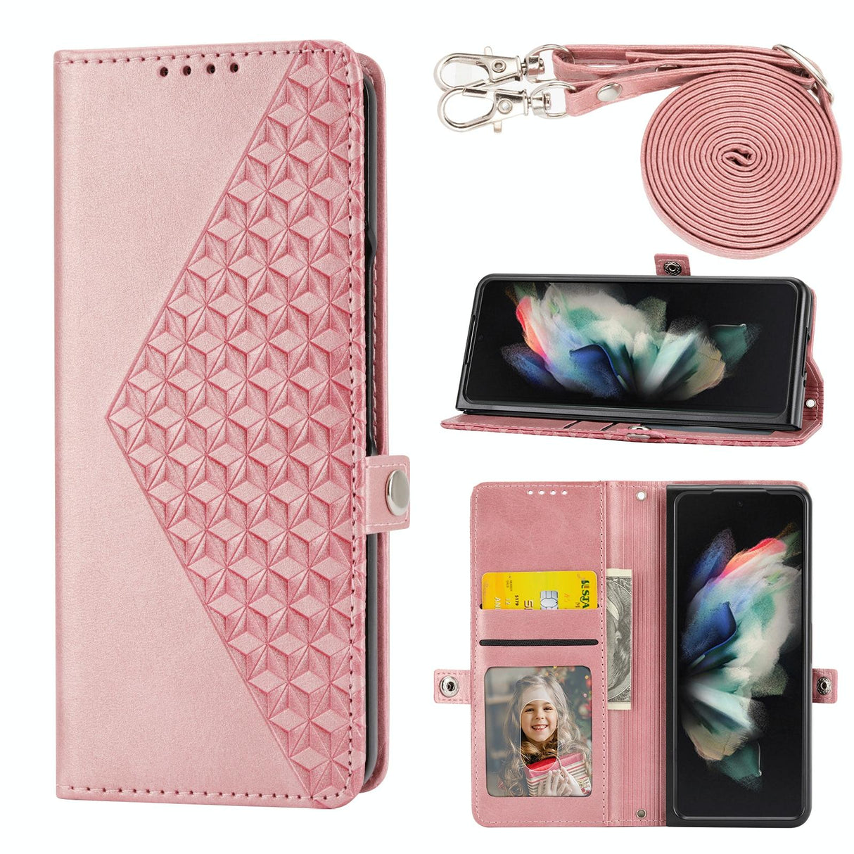 For Samsung Galaxy Z Fold4 5G Leather Grid Texture Phone Case With Lanyard - Rose Gold