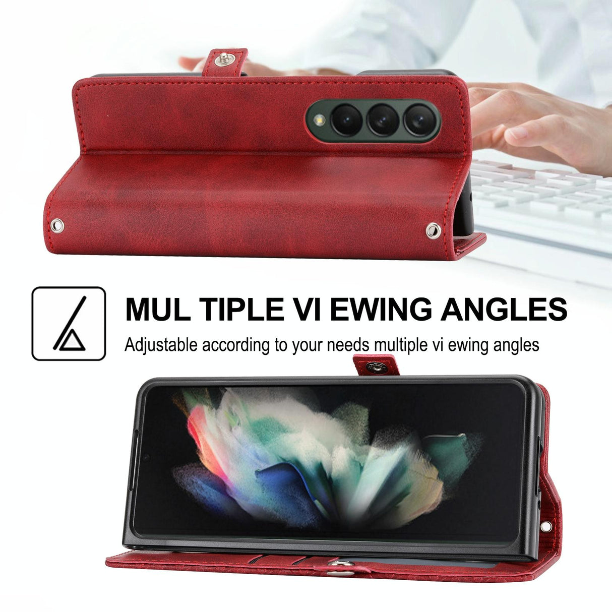 For Samsung Galaxy Z Fold4 5G Leather Grid Texture Phone Case With Lanyard - Rose Gold