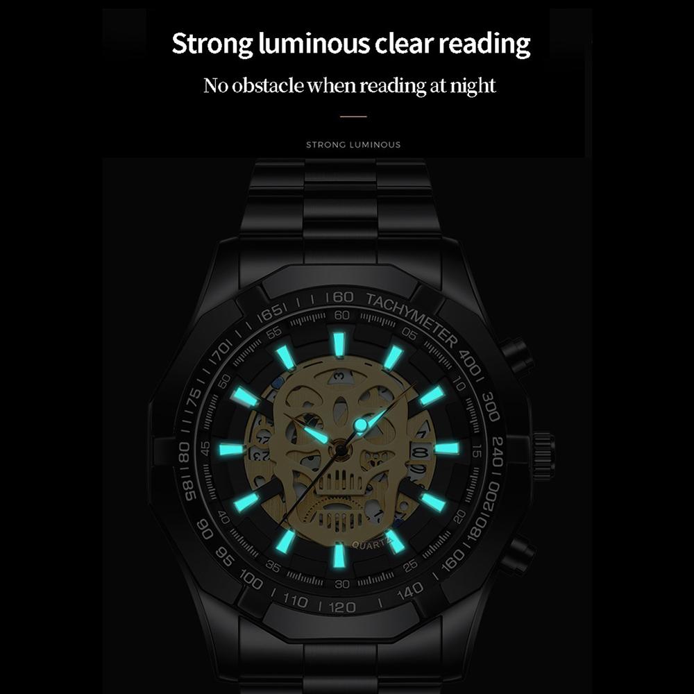 Waterproof Luminous Skeleton Watch - 30m - Black Steel Black White Nail