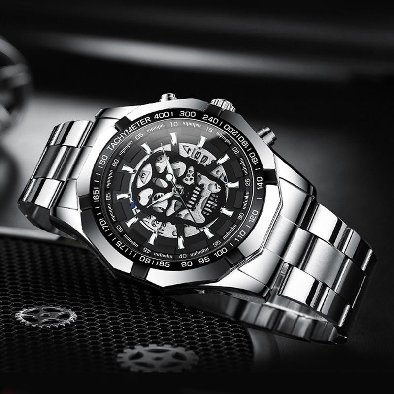 Waterproof Luminous Skeleton Watch - 30m - Black Steel Black White Nail