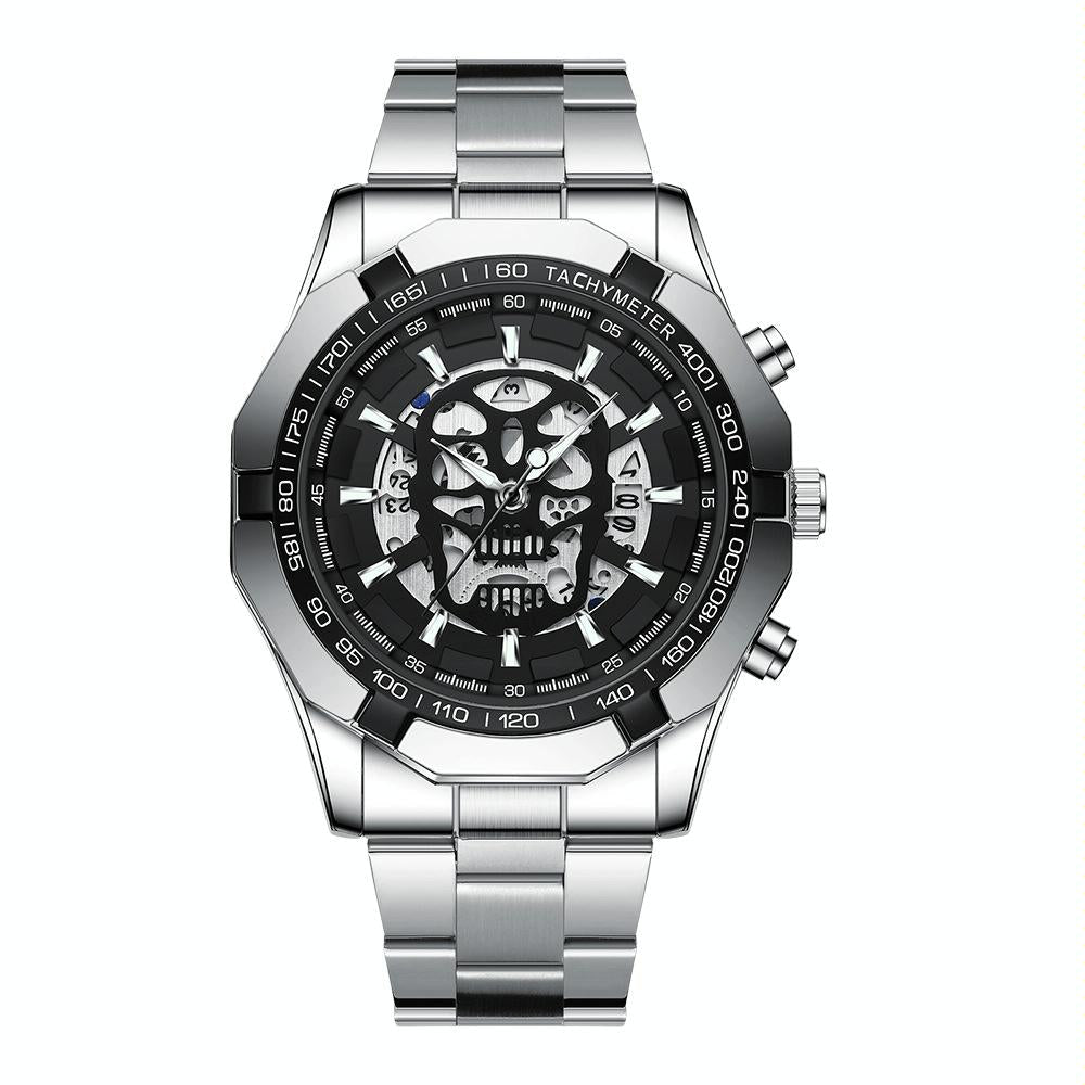 Waterproof Luminous Skeleton Watch - 30m - Black Steel Black White Nail