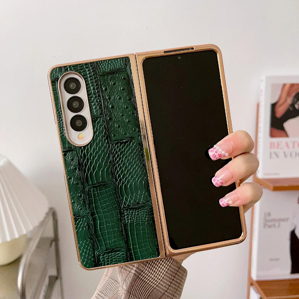 For Samsung Galaxy Z Fold4 5G Leather Mahjong Phone Case - Electroplated - Green