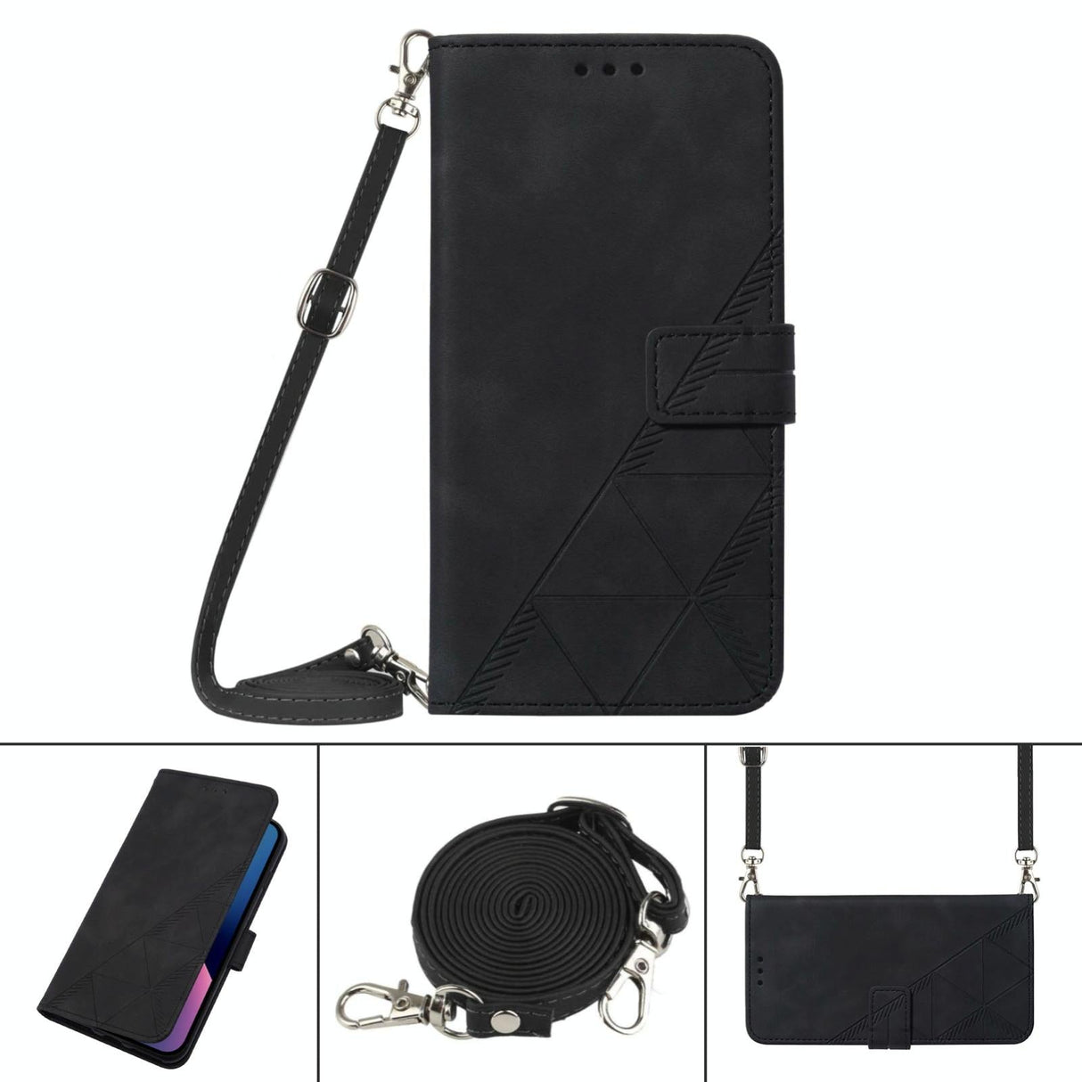 For Samsung Galaxy z Fold4 5G Embossed Leather Flip Crossbody Phone Case - 3d Design - Black