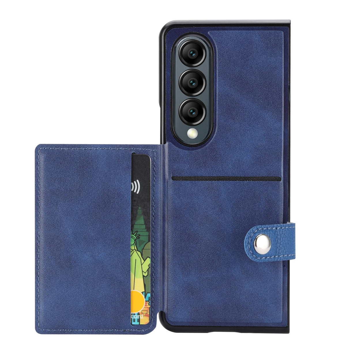 For Samsung Galaxy Z Fold4 5G Samsung Galaxy Z Fold4 Litchi Pattern Single Button Card Holder Phone Case - Blue