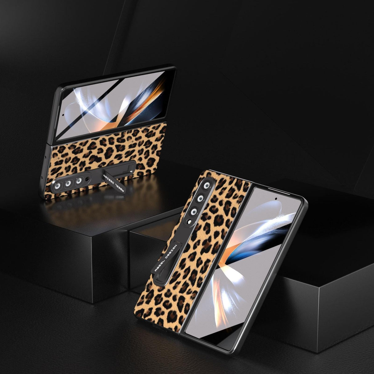 For Samsung Galaxy Z Fold4 5G Leopard Print Phone Case With Holder - Champagne Gold