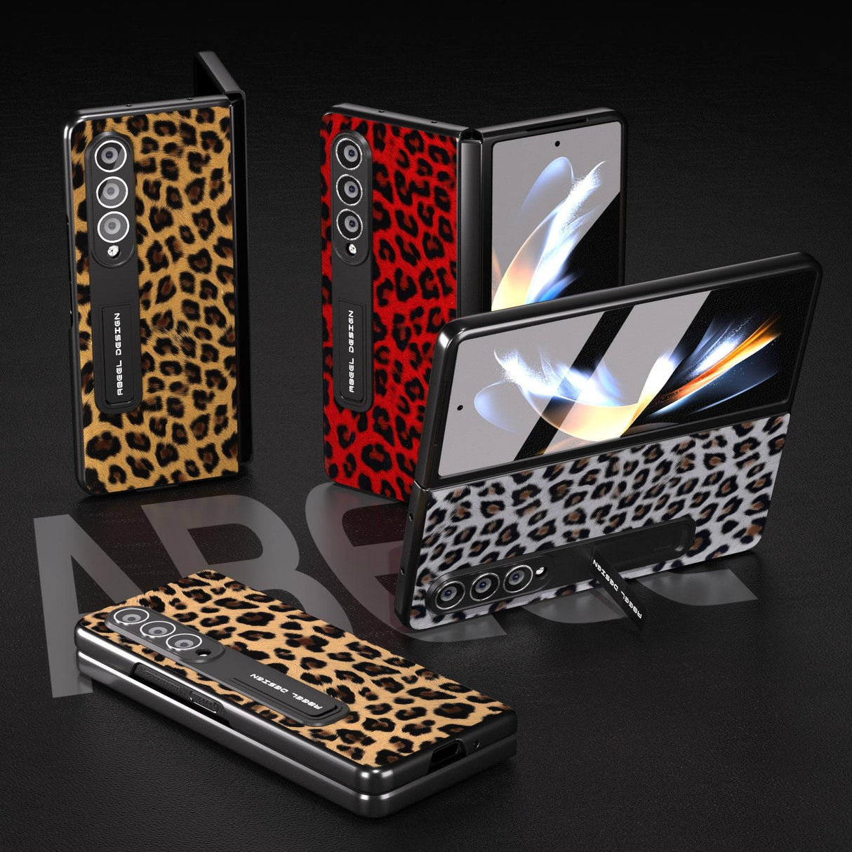 For Samsung Galaxy Z Fold4 5G Leopard Print Phone Case With Holder - Champagne Gold