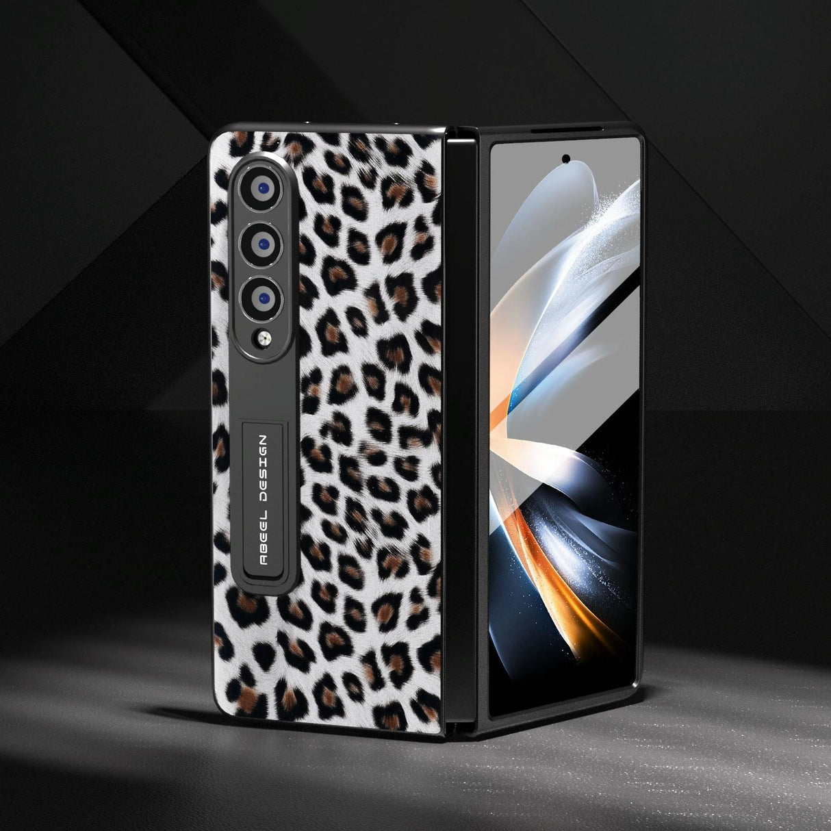 For Samsung Galaxy Z Fold4 5G Leopard Print Phone Case With Holder - Champagne Gold