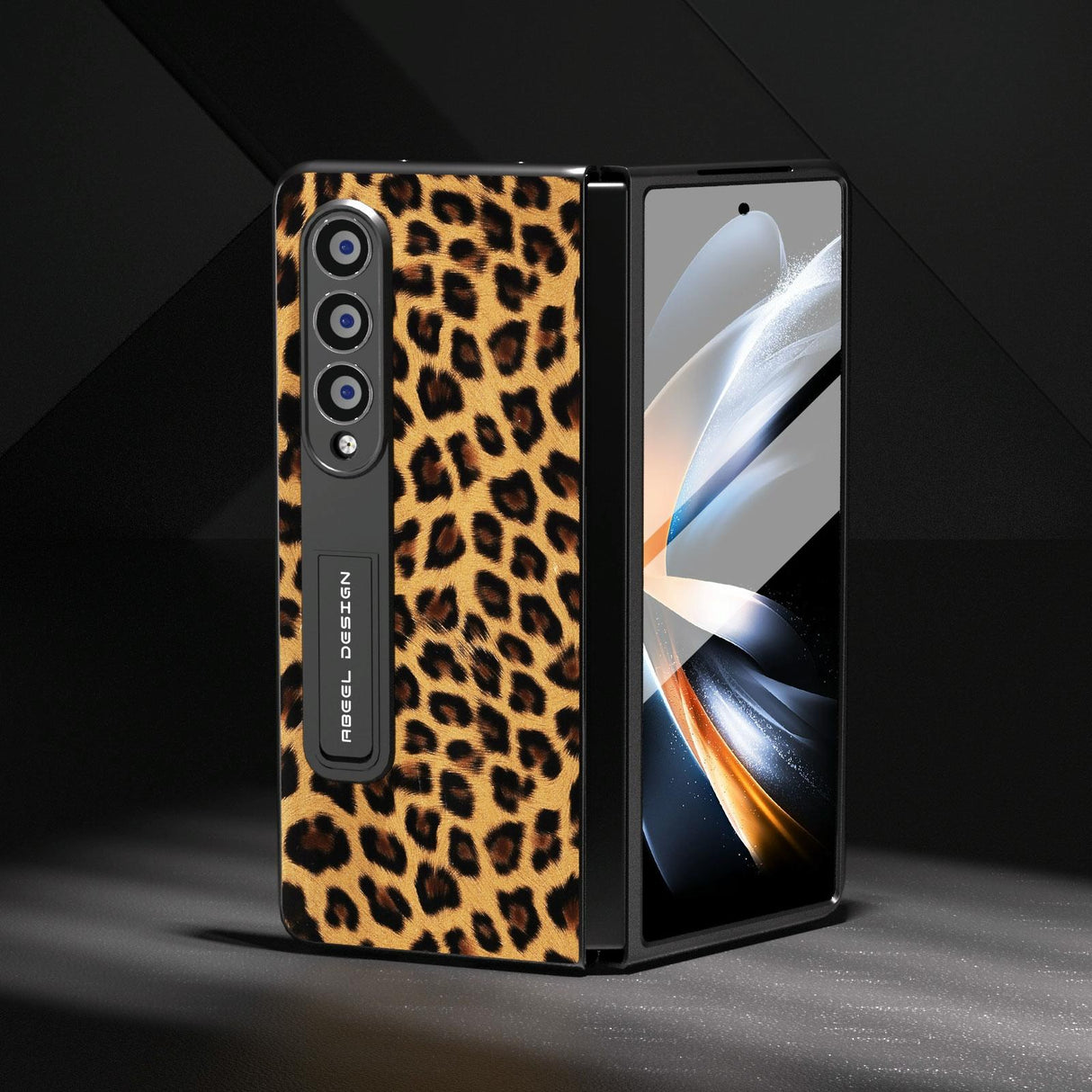 For Samsung Galaxy Z Fold4 5G Leopard Print Phone Case With Holder - Champagne Gold