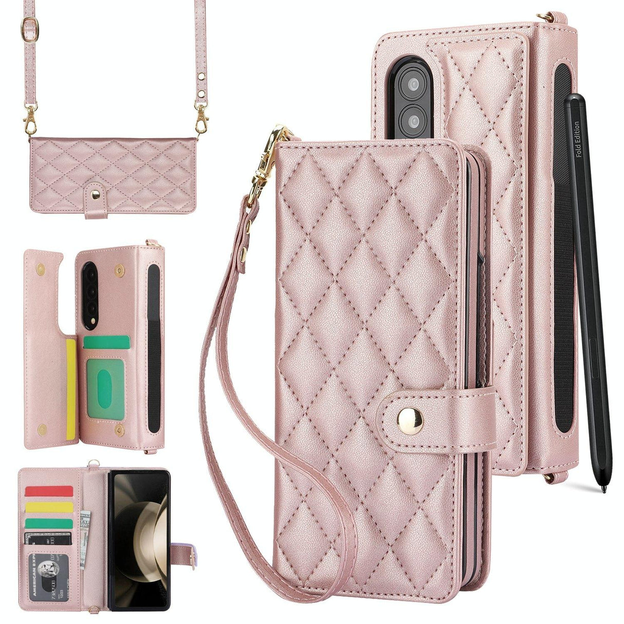 For Samsung Galaxy z Fold4 5G Multifunctional Rhombic Leather Crossbody Phone Case - Rose Gold