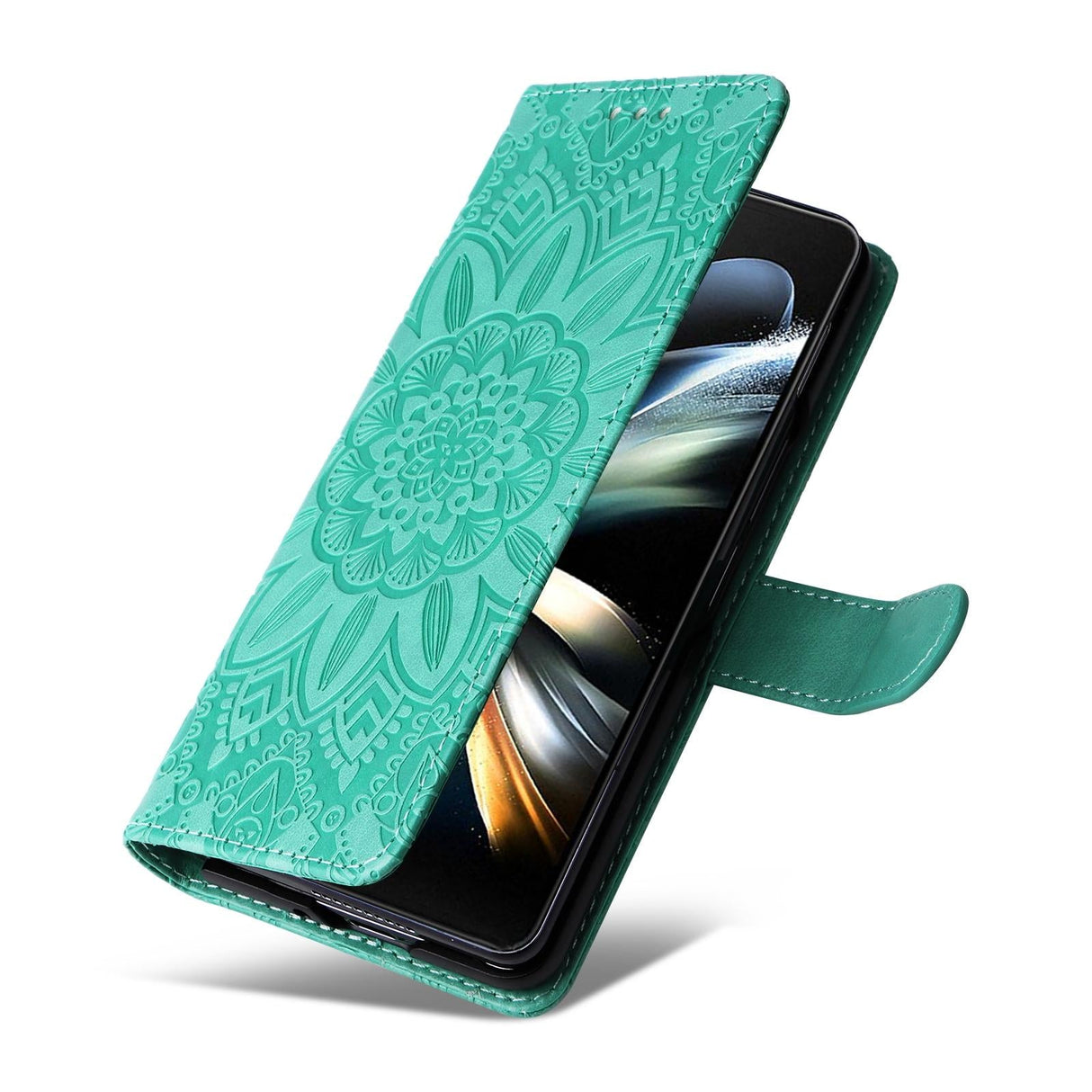 For Samsung Galaxy Z Fold4 5G Sunflower Embossed Leather Phone Case - Green