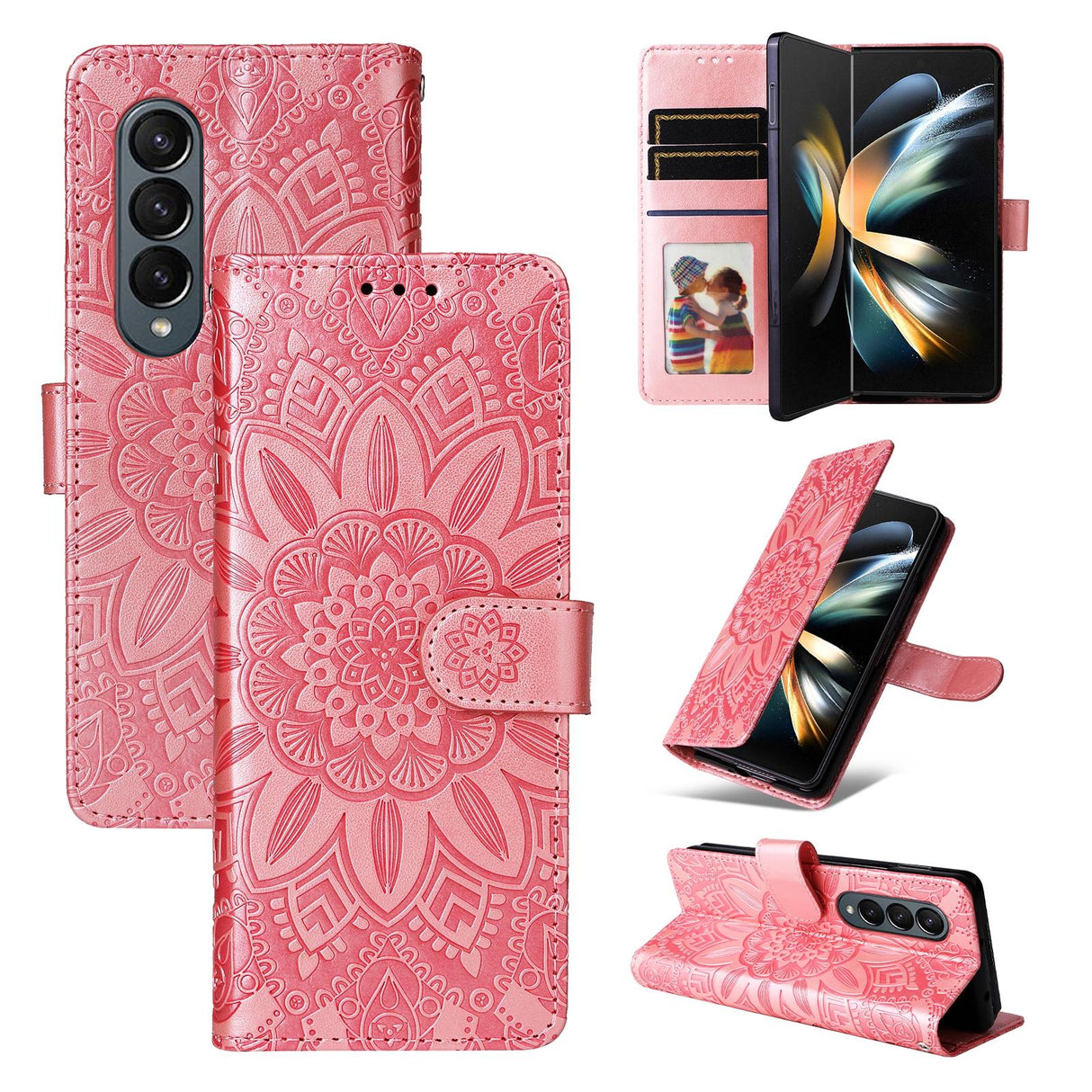 For Samsung Galaxy Z Fold4 5G Sunflower Embossed Leather Phone Case - Green