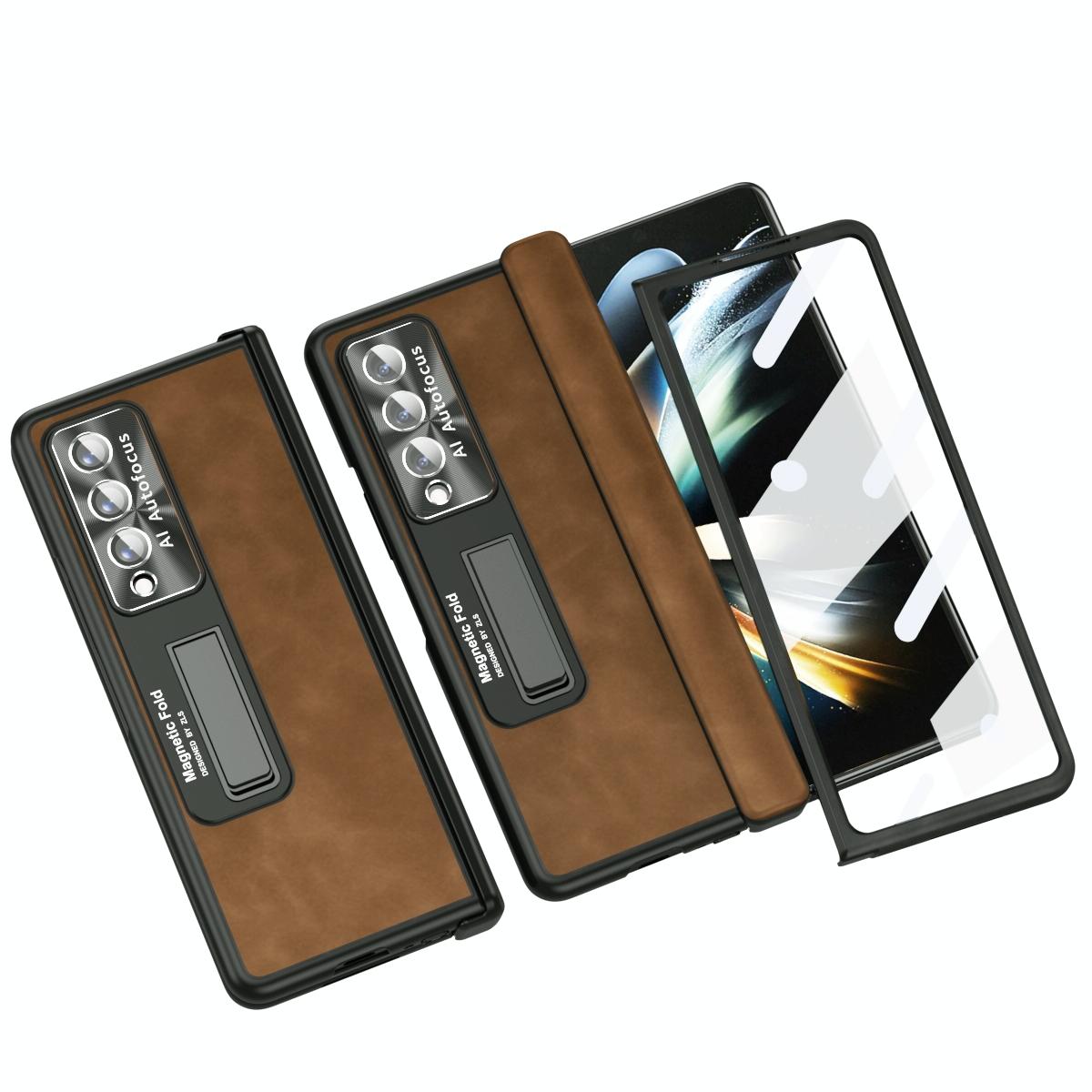 For Samsung Galaxy Z Fold4 5G Napa Texture All-In-One Phone Case - Yellow