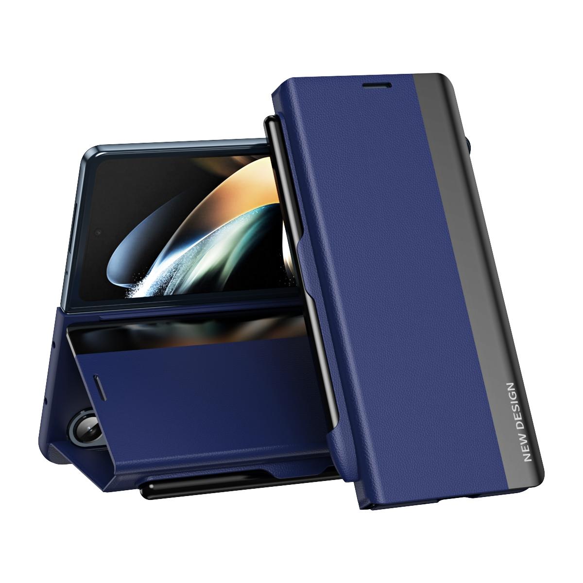For Samsung Galaxy Z Fold4 5G Leather Phone Case With Pen Slot - Shockproof - Blue