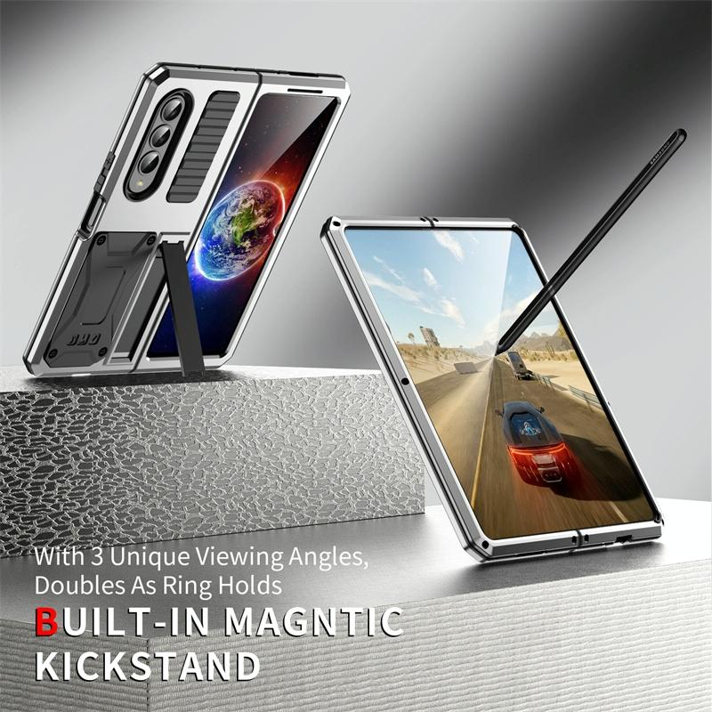 For Samsung Galaxy Z Fold4 5G Shockproof Metal Case With Holder - Silver