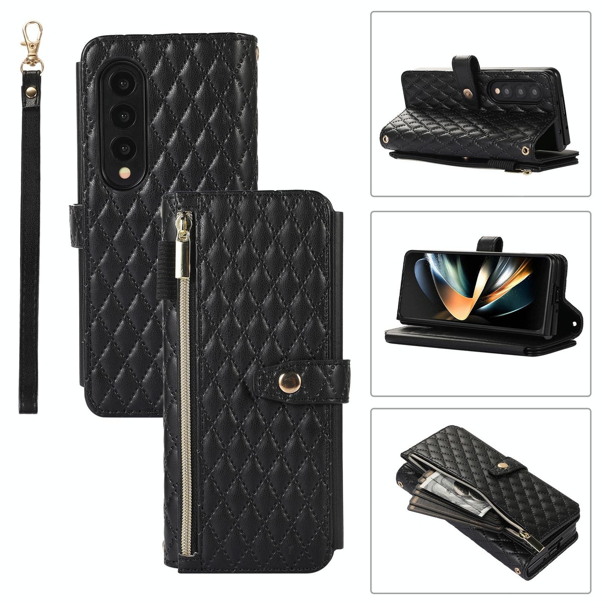 For Samsung Galaxy Z Fold4 5G Foldable Diamond Lattice Phone Case - Black