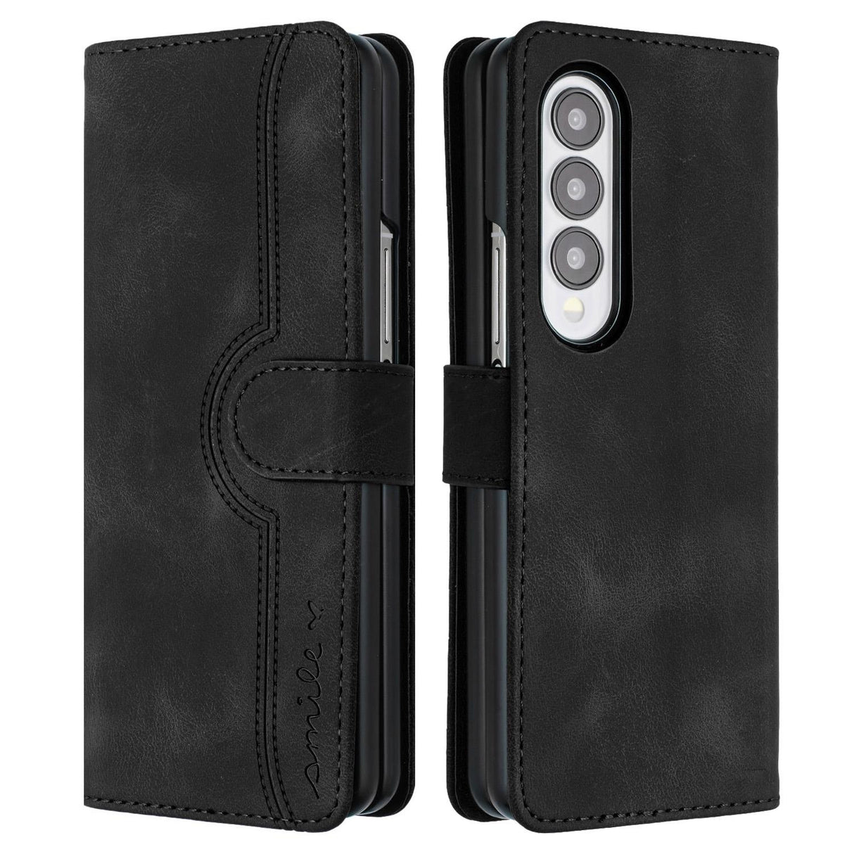 For Samsung Galaxy Z Fold4 5G Leather Phone Case With Heart Pattern - Black