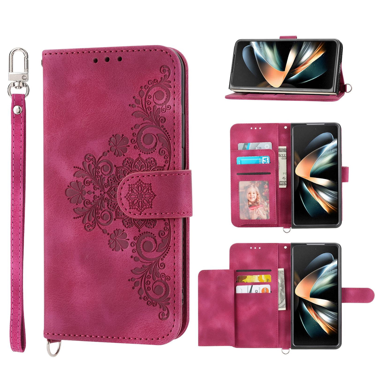 For Samsung Galaxy Z Fold4 5G Floral Leather Phone Wallet - Embossed - Wine Red