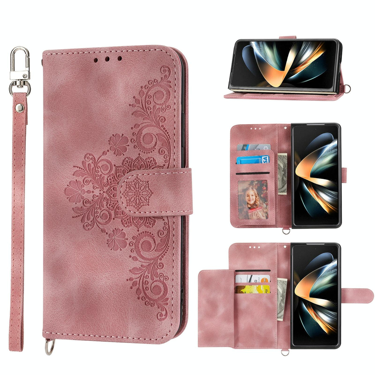For Samsung Galaxy Z Fold4 5G Floral Leather Phone Wallet - Embossed - Wine Red