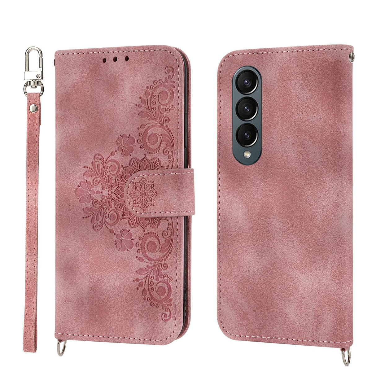 For Samsung Galaxy Z Fold4 5G Floral Leather Phone Wallet - Embossed - Wine Red