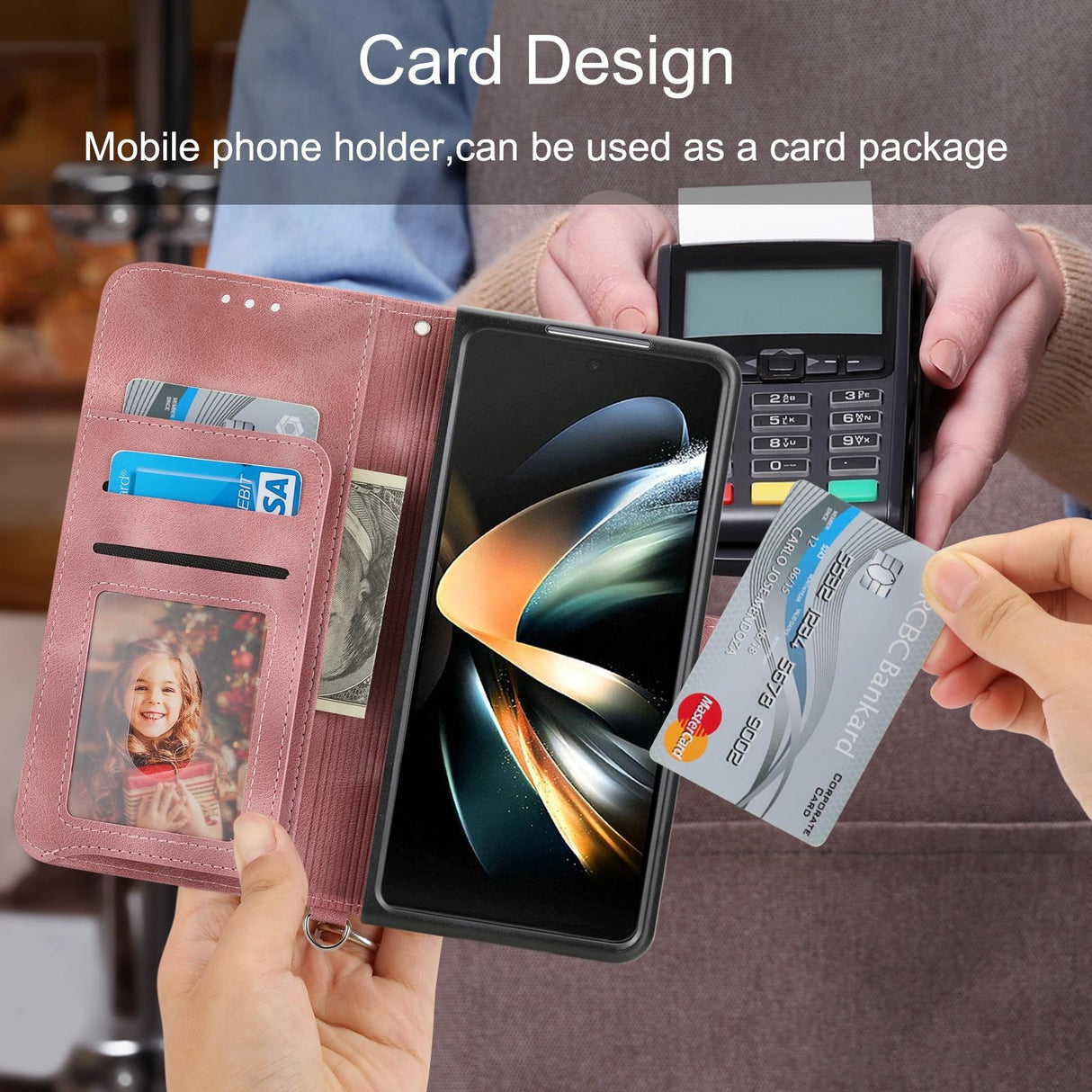 For Samsung Galaxy Z Fold4 5G Floral Leather Phone Wallet - Embossed - Wine Red