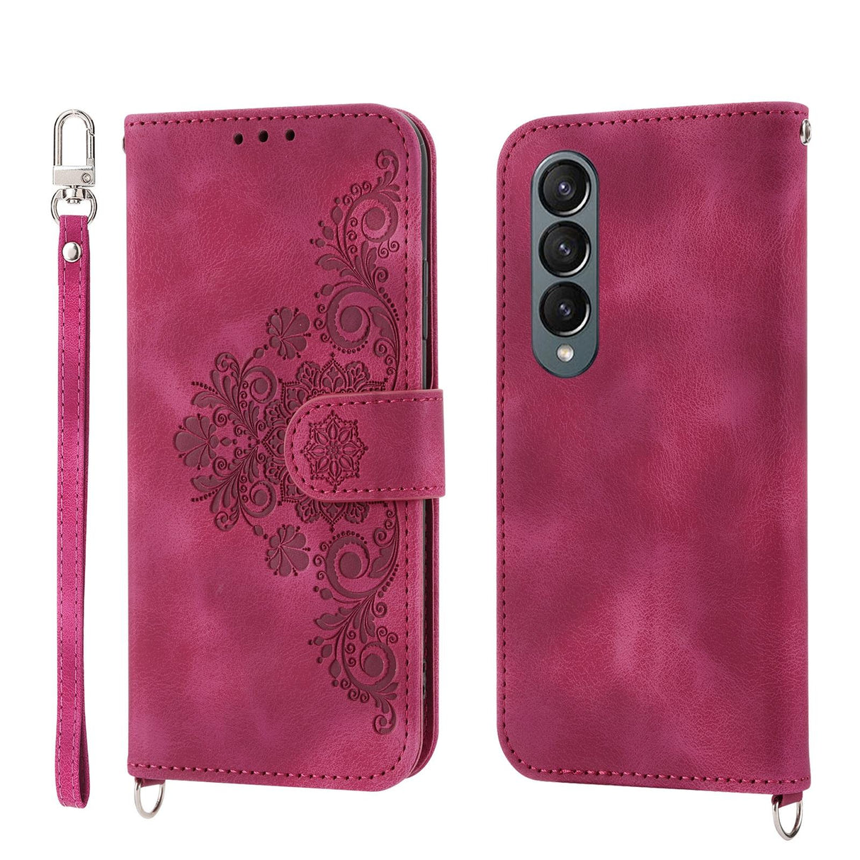 For Samsung Galaxy Z Fold4 5G Floral Leather Phone Wallet - Embossed - Wine Red