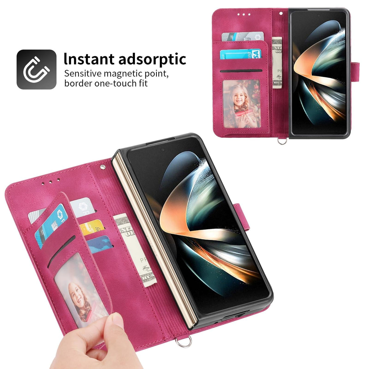 For Samsung Galaxy Z Fold4 5G Floral Leather Phone Wallet - Embossed - Wine Red