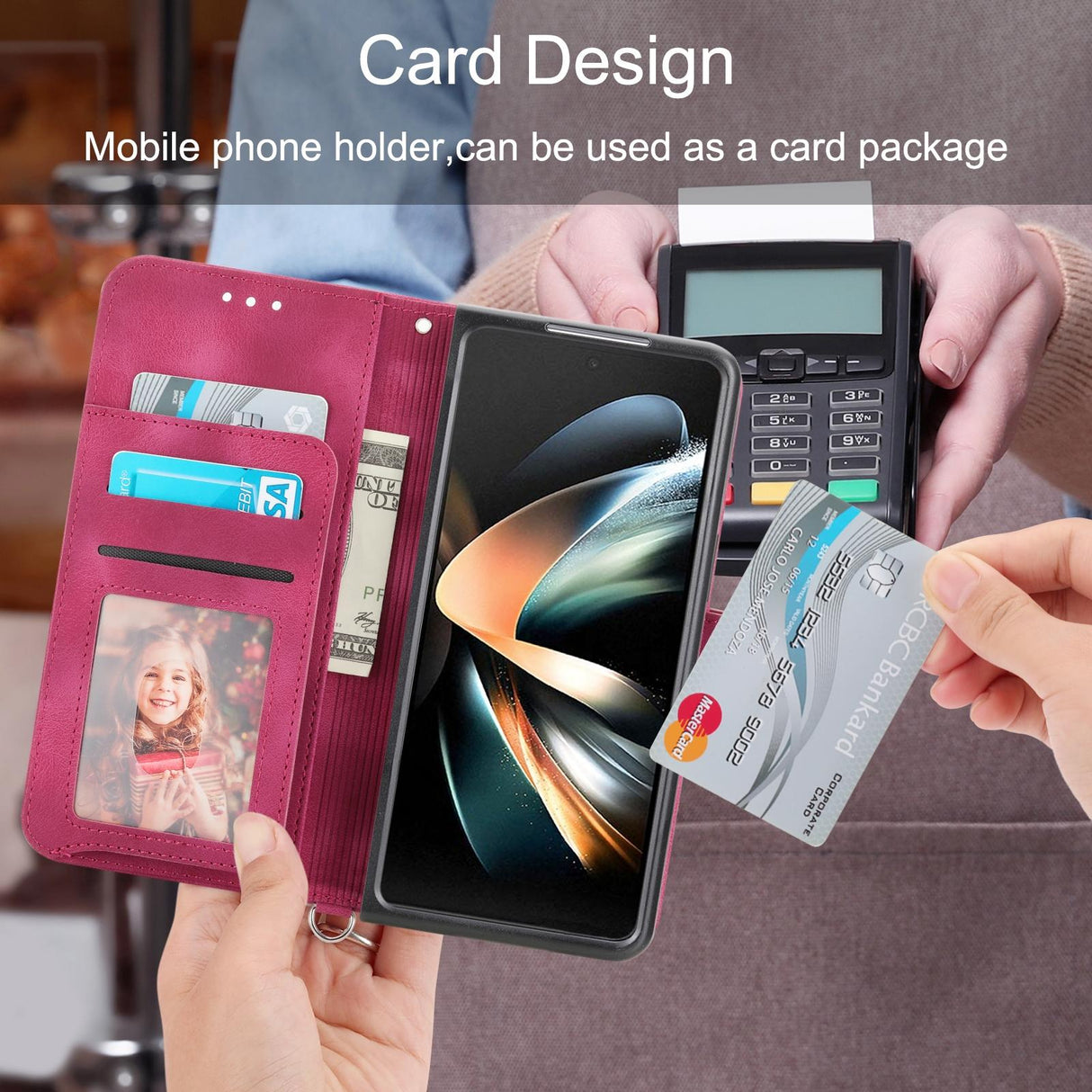 For Samsung Galaxy Z Fold4 5G Floral Leather Phone Wallet - Embossed - Wine Red