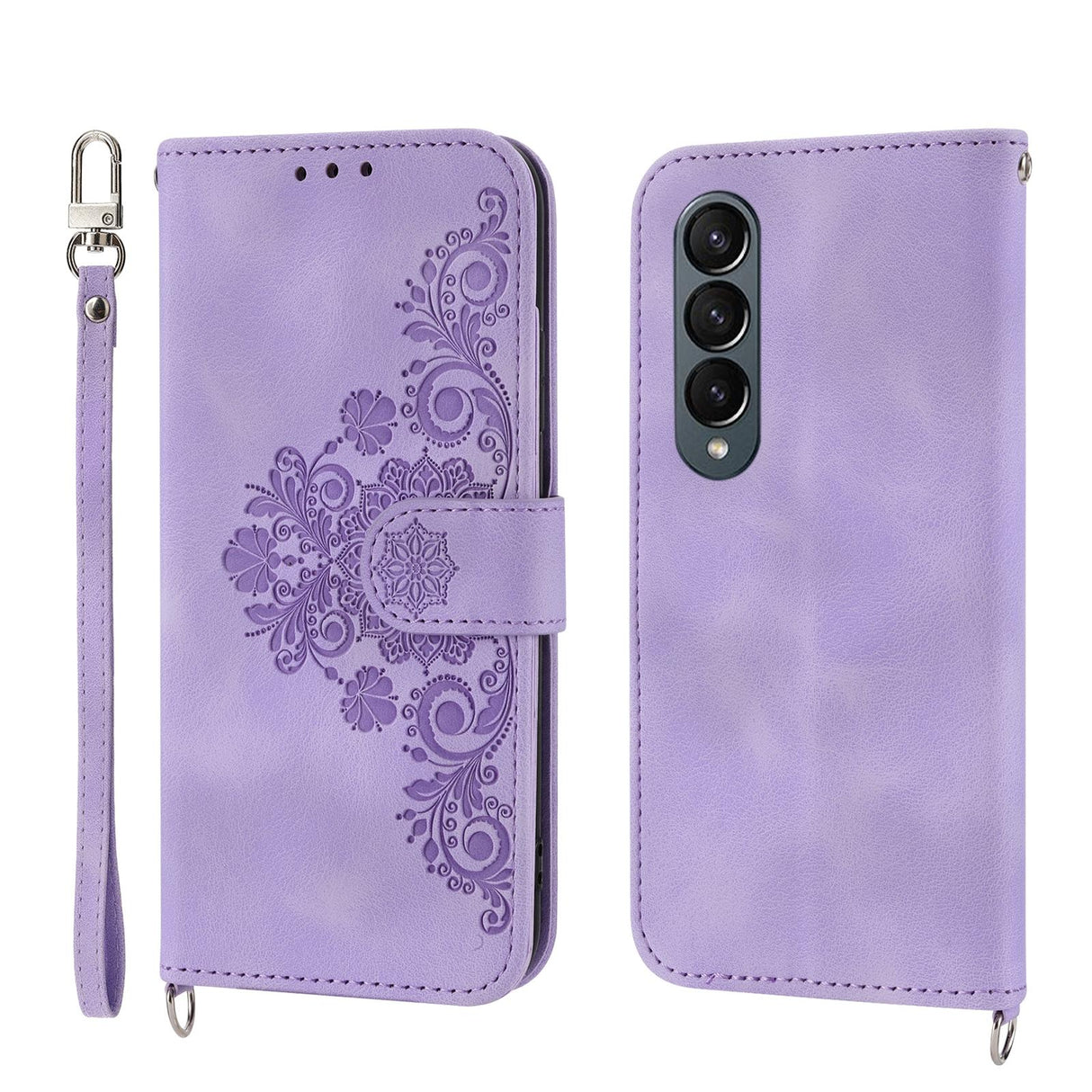 For Samsung Galaxy Z Fold4 5G Floral Leather Phone Wallet - Embossed - Wine Red