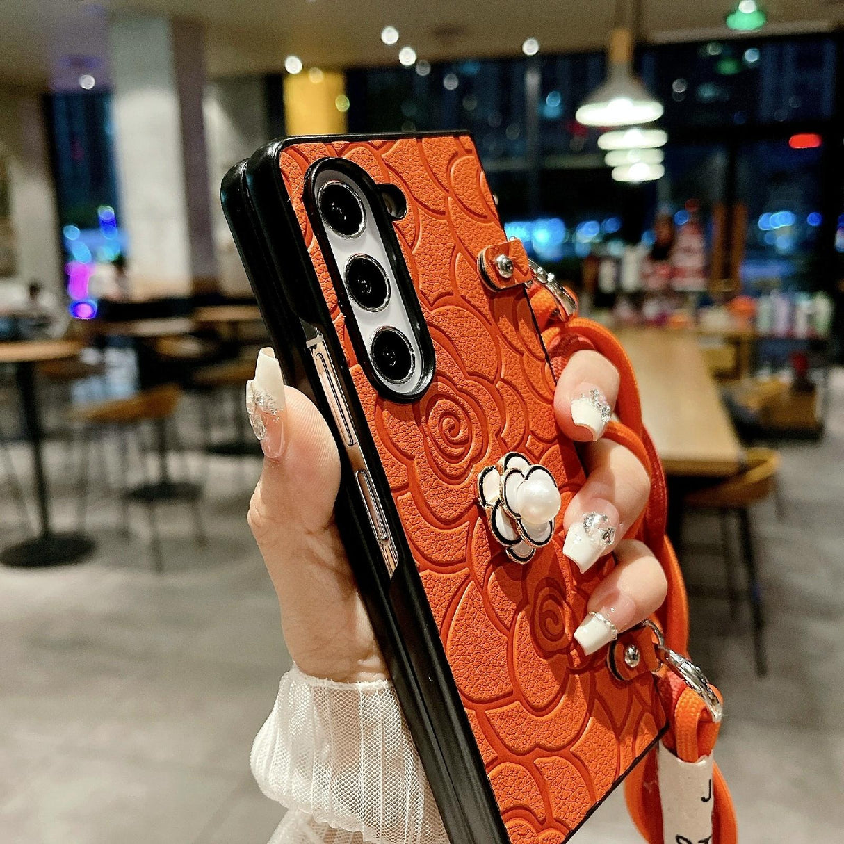 For Samsung Galaxy Z Fold4 5G Camellia Pattern Phone Case With Lanyard - Orange