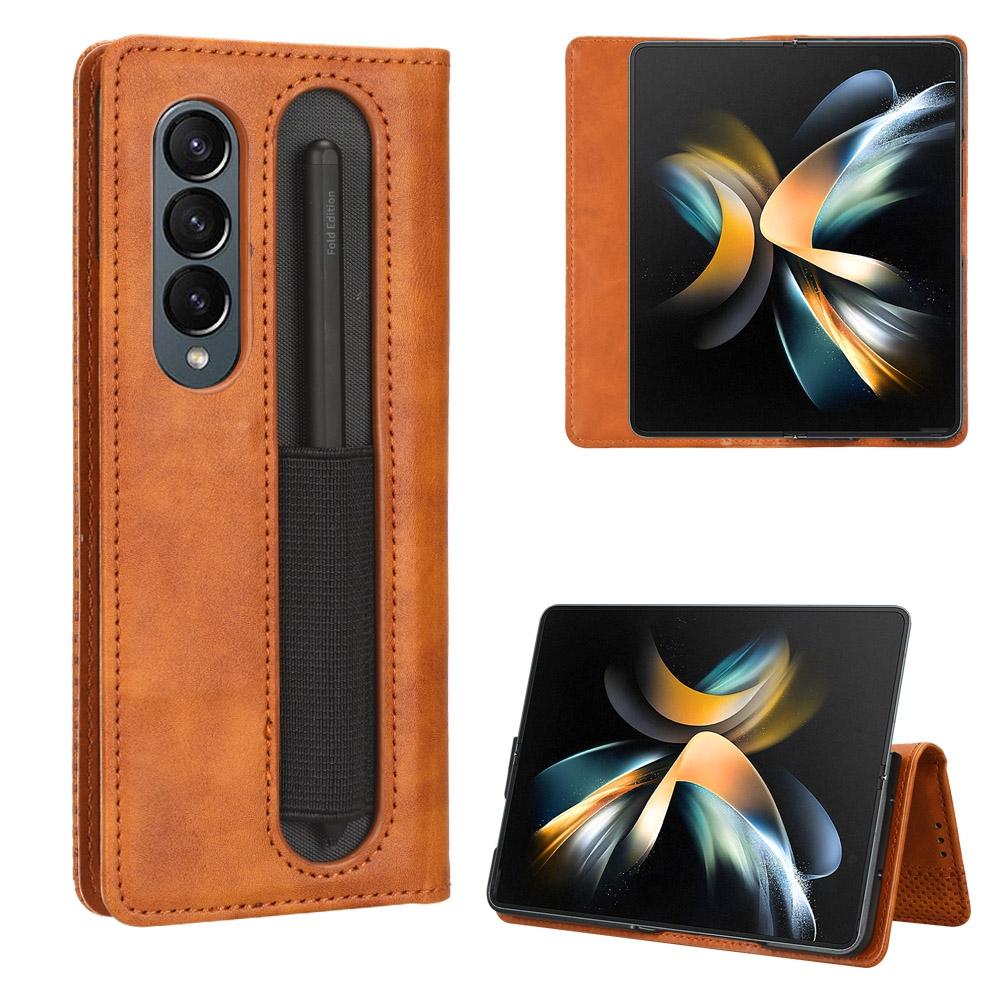 For Samsung Galaxy Z Fold4 5G Vintage Leather Phone Case With Magnetic Buckle - Brown