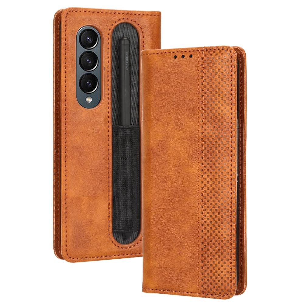 For Samsung Galaxy Z Fold4 5G Vintage Leather Phone Case With Magnetic Buckle - Brown