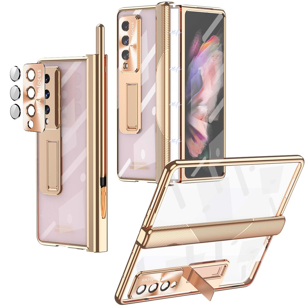 For Samsung Galaxy Z Fold4 5G Magnetic Phone Case With Holder - Plating Finish - Blue