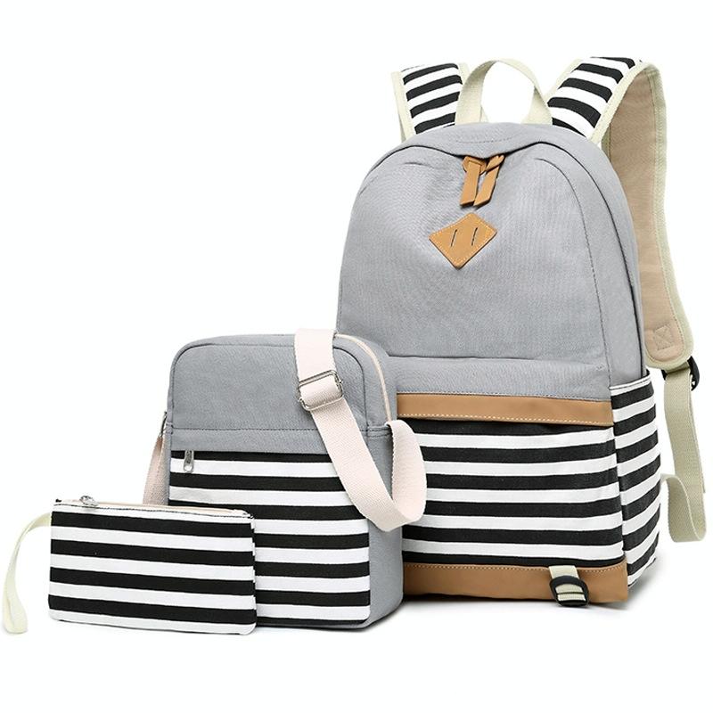 Printed Canvas Backpack Set - 3 Pieces - Grey
