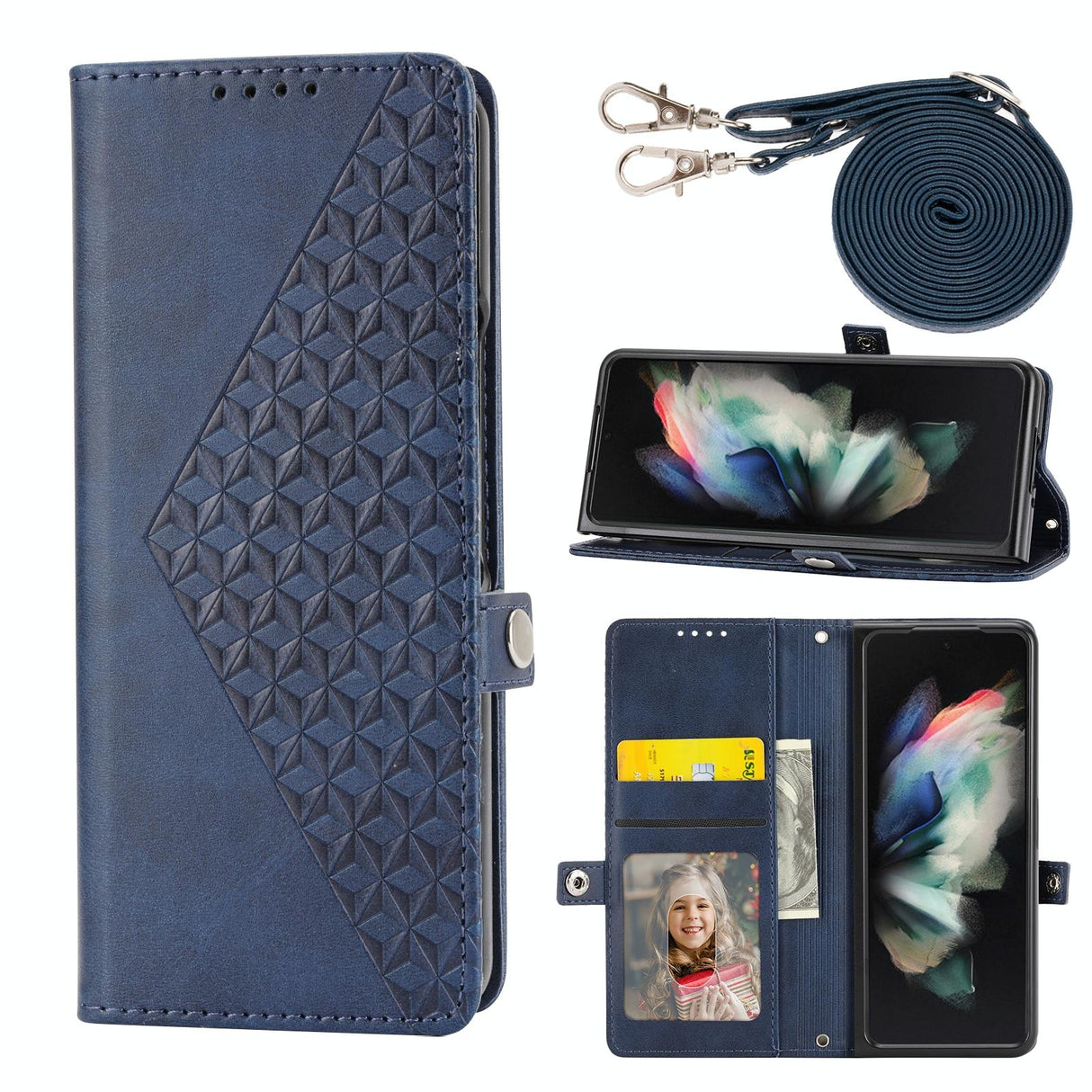 For Samsung Galaxy Z Fold4 5G Leather Grid Texture Phone Case With Lanyard - Blue